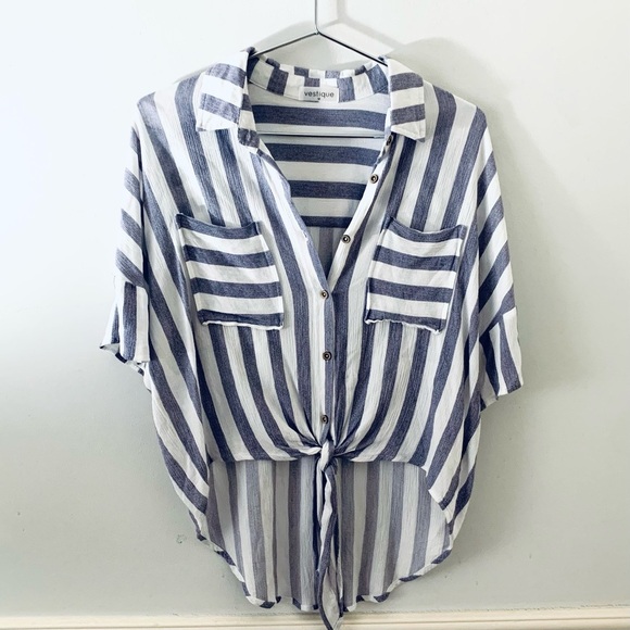 VESTIQUE Striped Short Sleeve Blouse, blue and white - Picture 1 of 5
